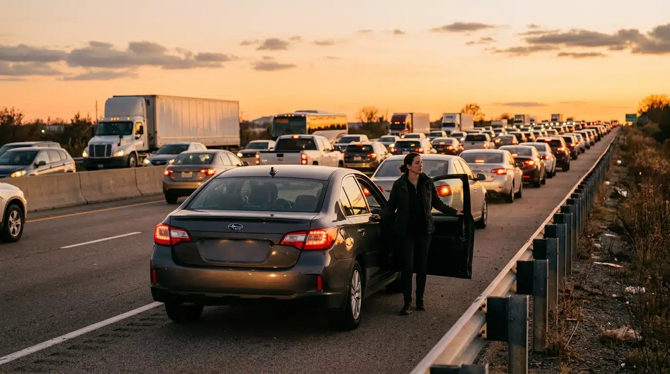 Automobiliste debout près de sa voiture sur le bas-côté