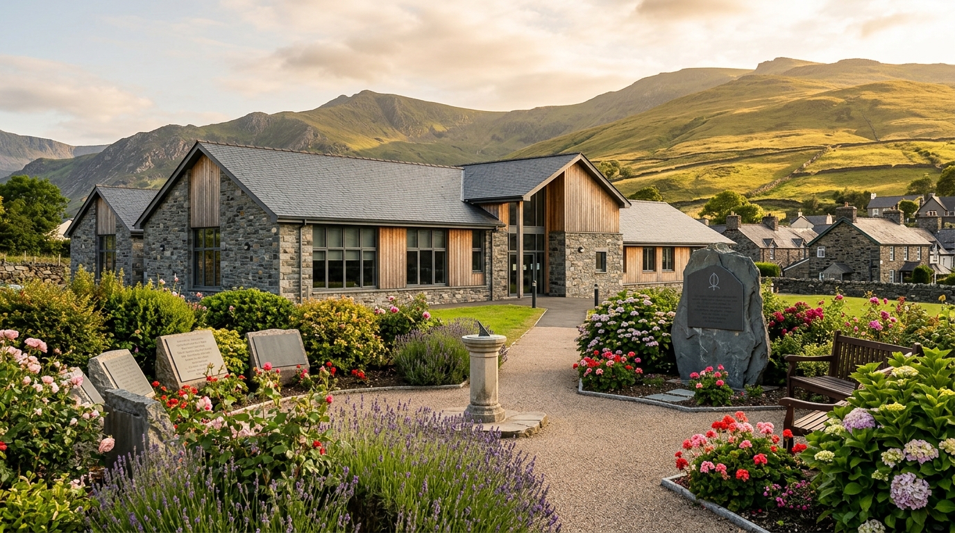 Mémorial fleuri devant l'école reconstruite d'Aberfan