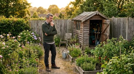 Homme inquiet devant son abri de jardin près de la clôture