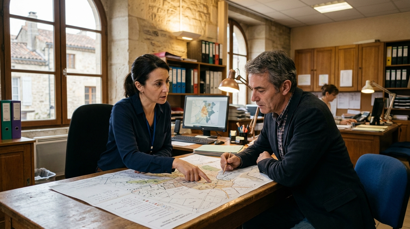Propriétaire consultant le PLU au service urbanisme de la mairie
