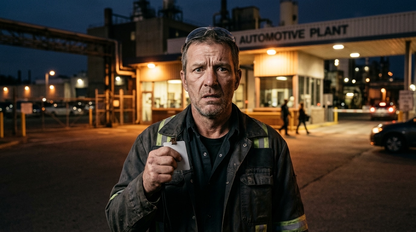 Homme licencié devant l'usine la nuit, badge en main