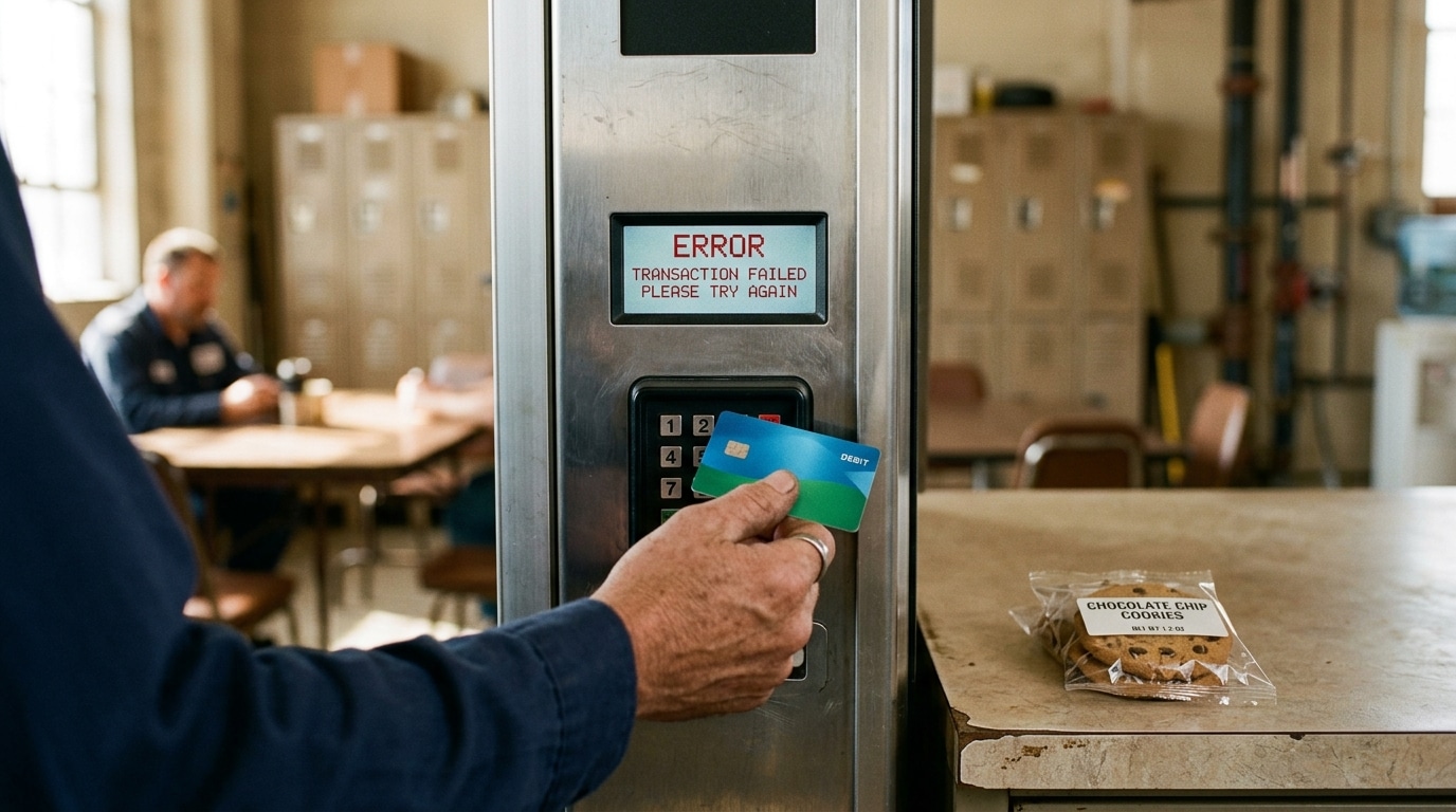 Terminal de paiement affichant une erreur, paquet de biscuits