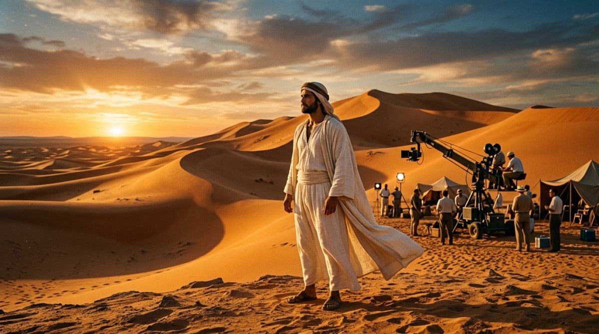 Acteur en robe blanche dans un désert doré style Lawrence d'Arabie