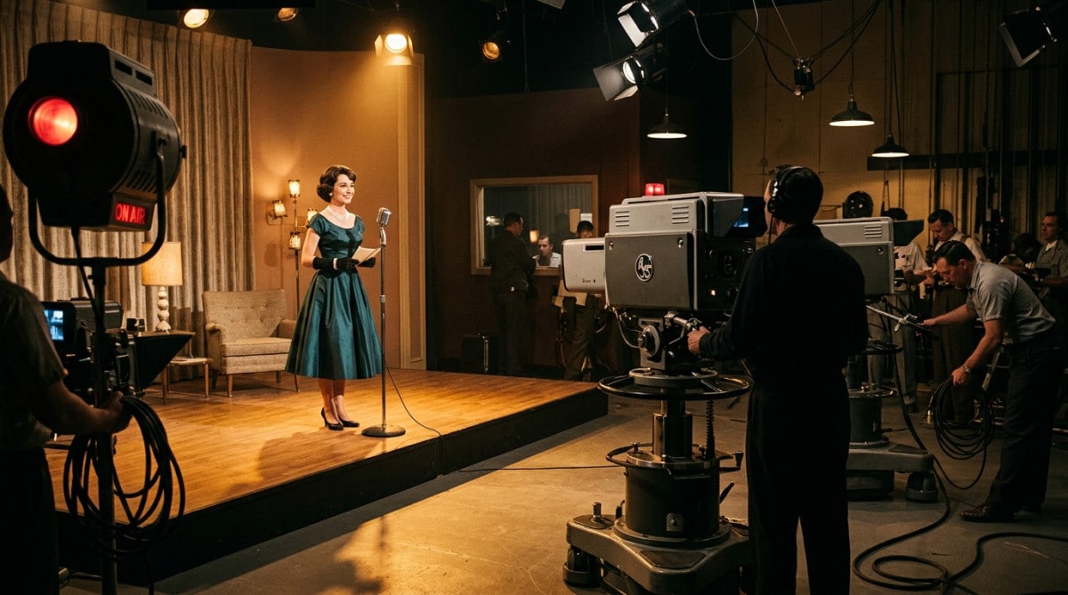 Actrice sur un plateau de télévision vintage des années 1950