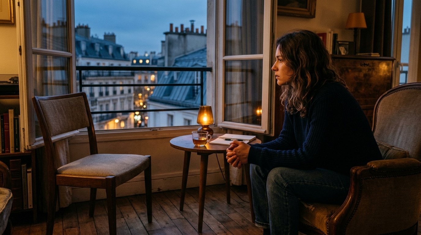 Appartement parisien au crépuscule, ambiance pensive