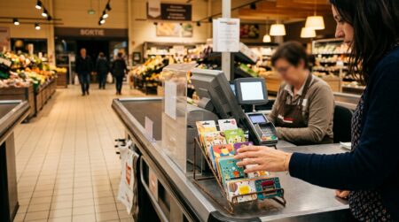 Caisse de supermarché avec cartes-cadeaux près de la caissière