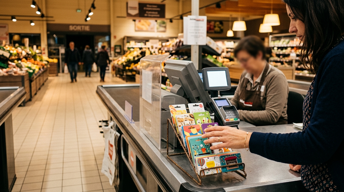 Caisse de supermarché avec cartes-cadeaux près de la caissière