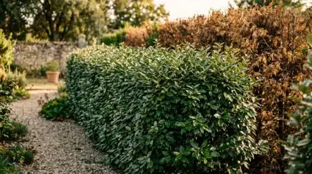 Haie d'éléagnus verte dense dans un jardin ensoleillé