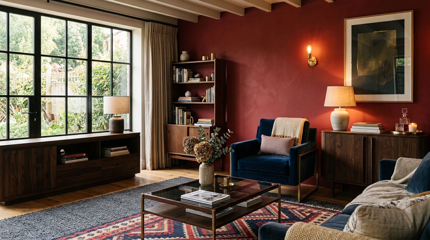 Salon avec mur rouge intense et mobilier en bois foncé