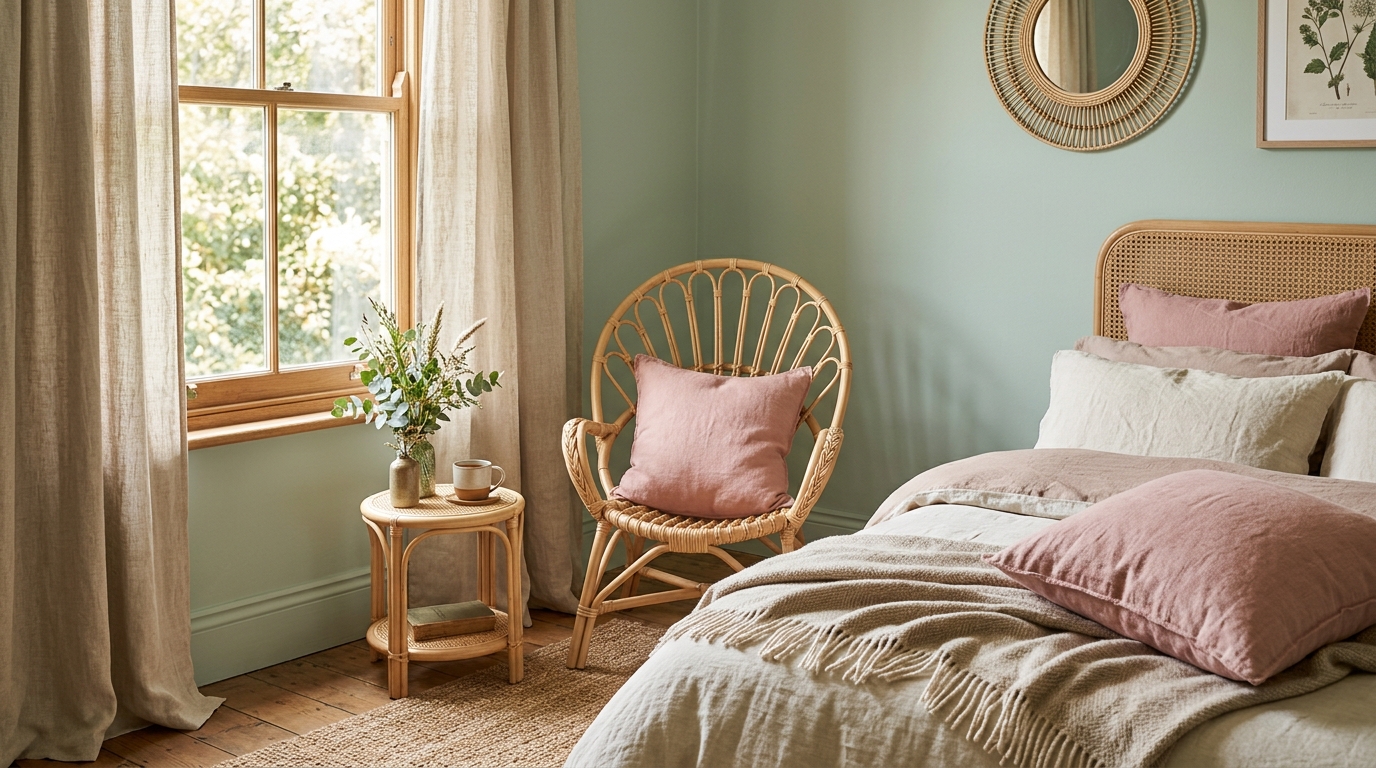 Chambre aux tons céladon et rose poudré avec rotin