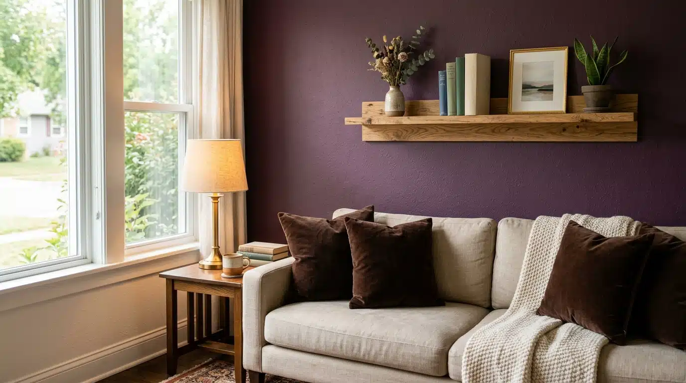 Salon cocon avec mur prune et coussins chocolat