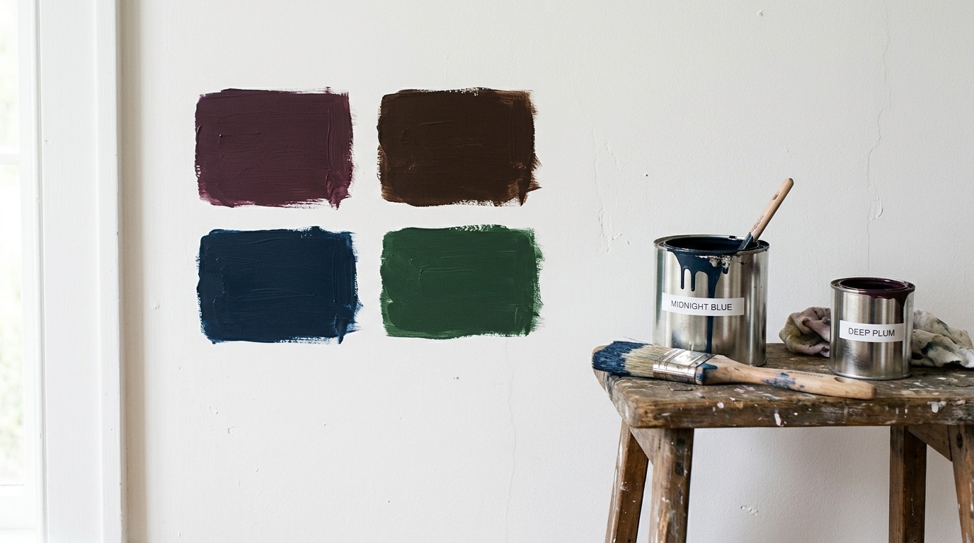 Échantillons de peinture prune, chocolat et bleu nuit