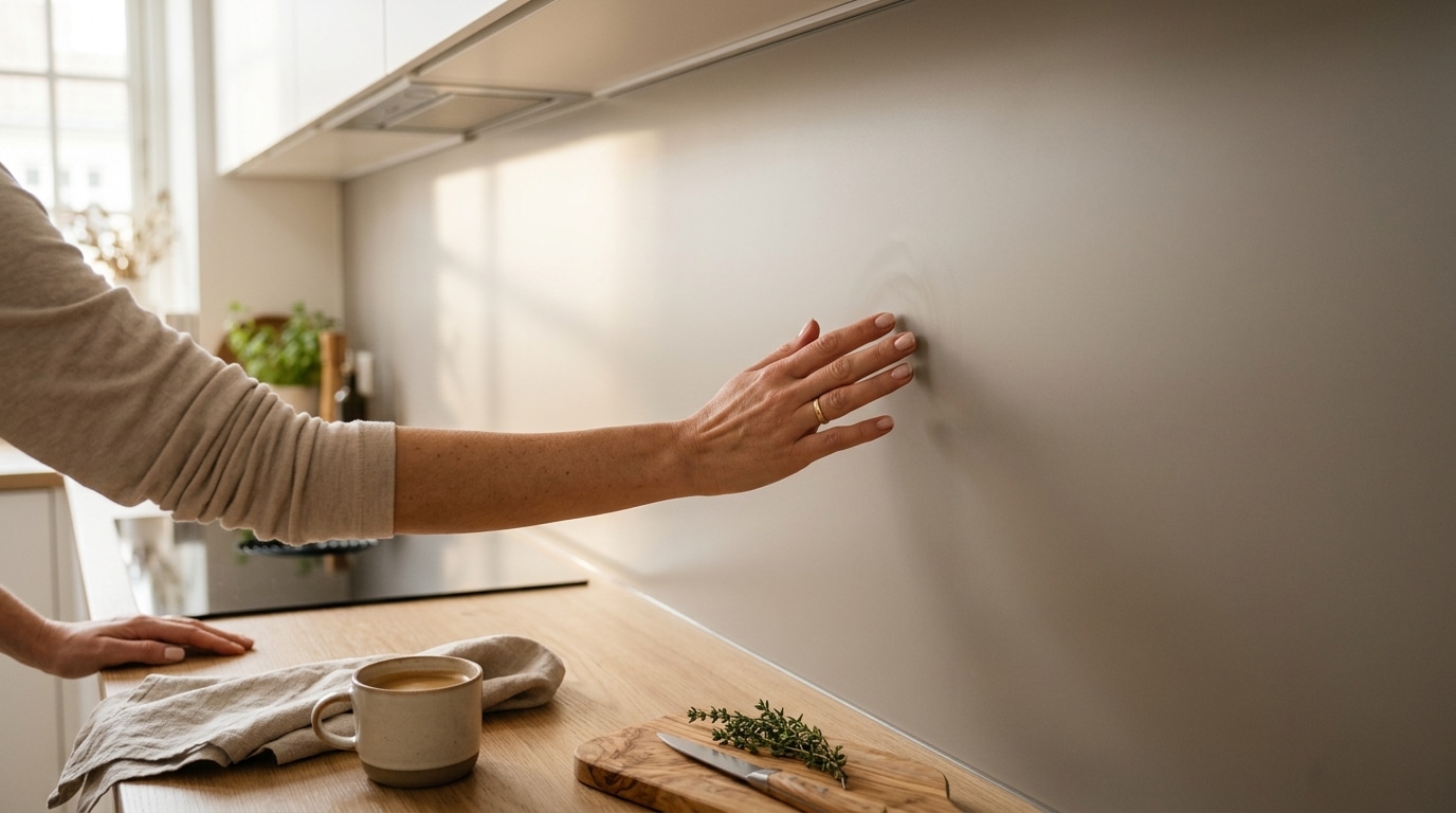 Main effleurant une crédence de cuisine en verre satiné sans joint