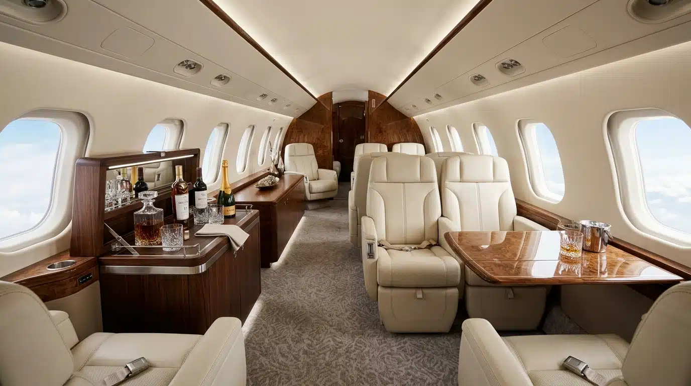 Intérieur cabine luxueuse d'avion privé avec sièges en cuir