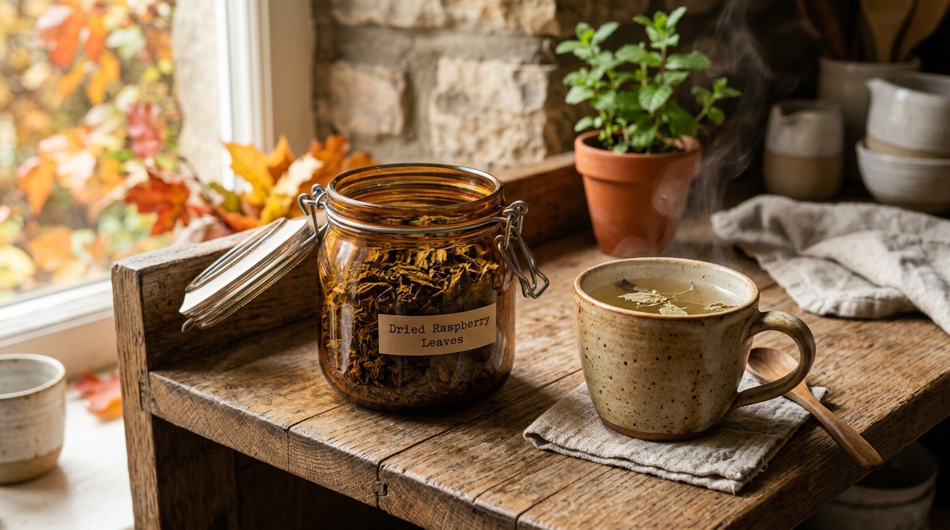 Bocal de feuilles séchées et tasse de tisane dorée