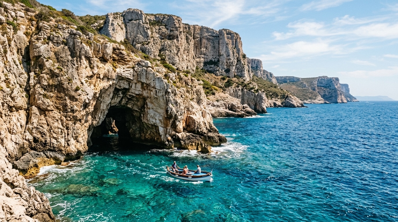 Falaises et grotte marine sur la côte sarde sauvage