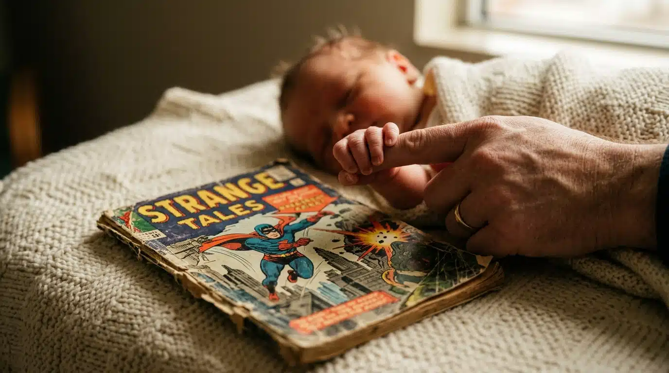 Nouveau-né tenant le doigt d'un adulte près d'une BD ancienne