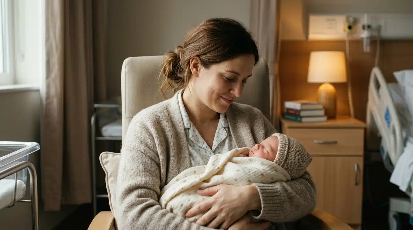 Jeune mère souriante regardant tendrement son bébé endormi