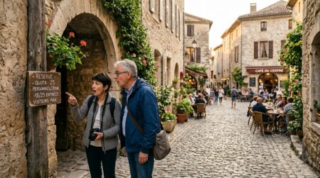 Village français avec panneau de quota de visiteurs à l'entrée