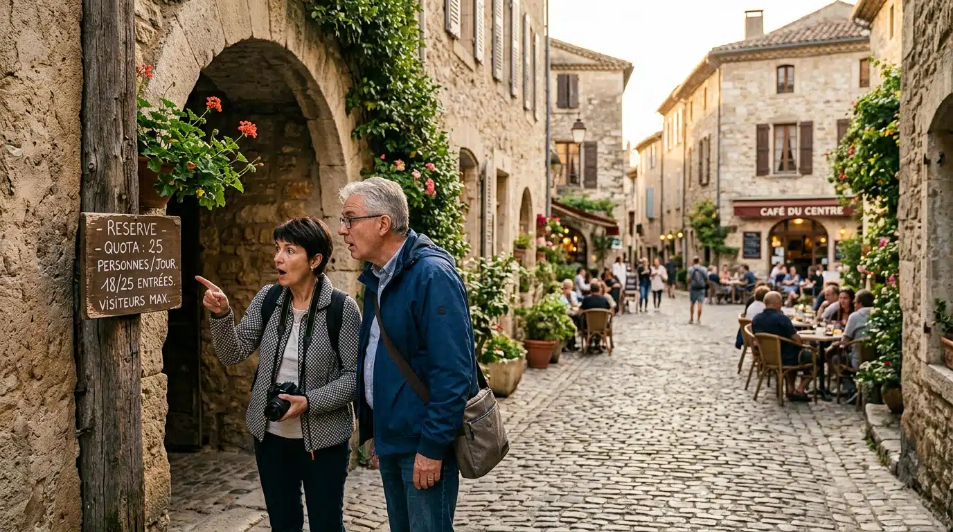 Village français avec panneau de quota de visiteurs à l'entrée