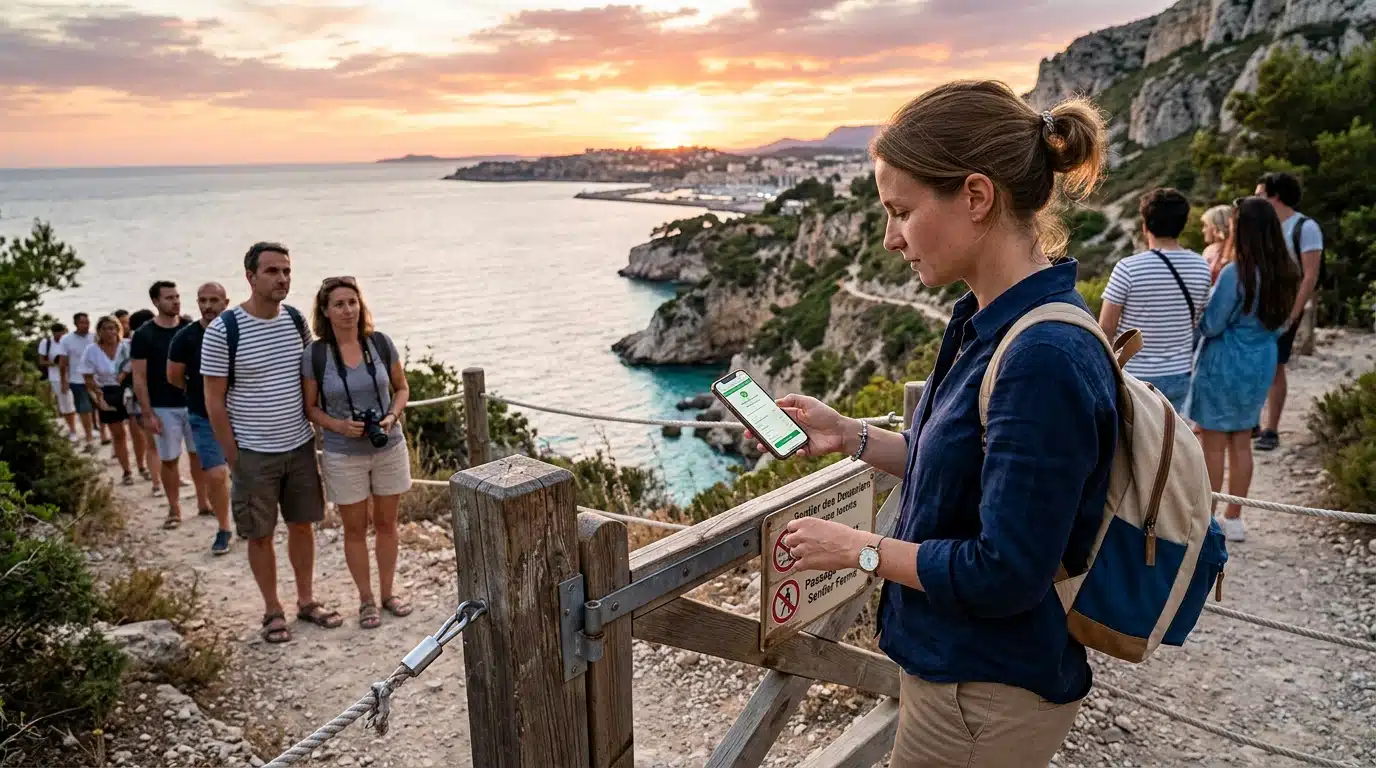 Touriste consultant une réservation pour accéder à un site naturel