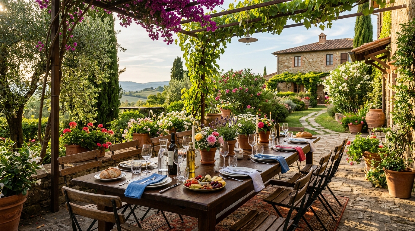 Jardin ensoleillé d'une villa méditerranéenne préparé pour une réunion familiale