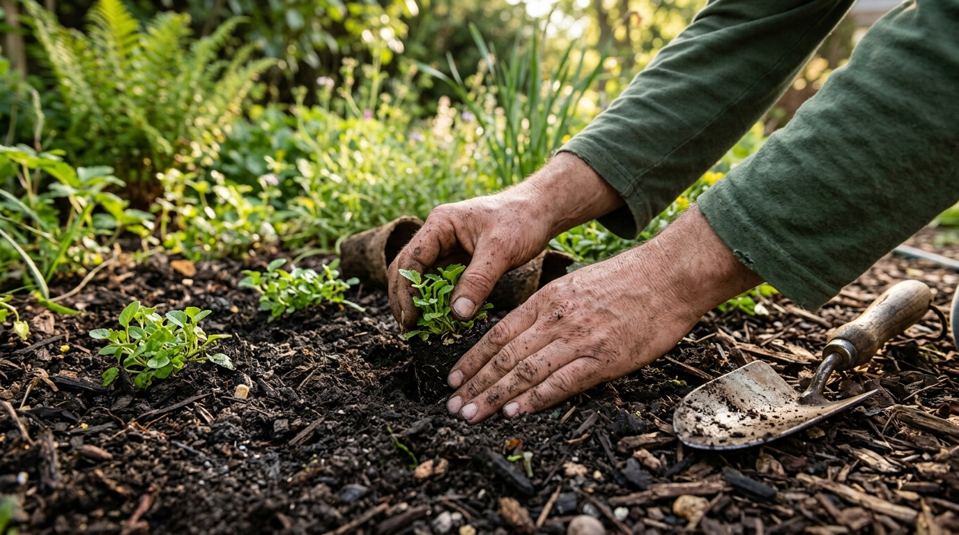 Mains plantant de jeunes pousses dans la terre préparée