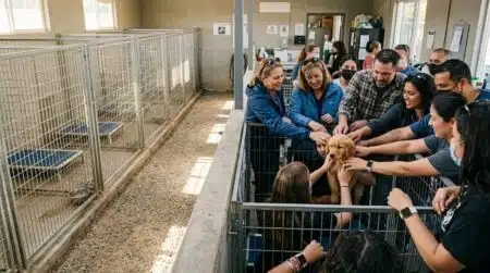 Chiots populaires entourés au salon canin