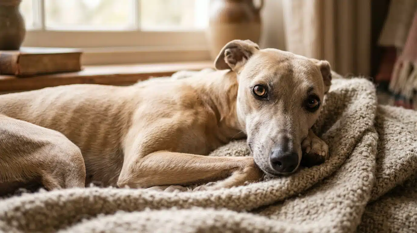 Chien de race rare allongé calmement sur un plaid
