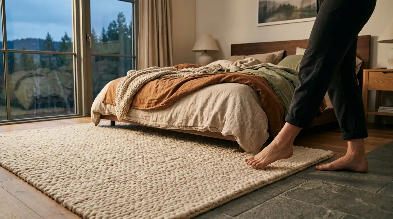 Tapis en laine posé au pied d'un lit