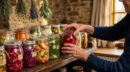 Bocaux en verre de légumes lacto-fermentés sur étagère