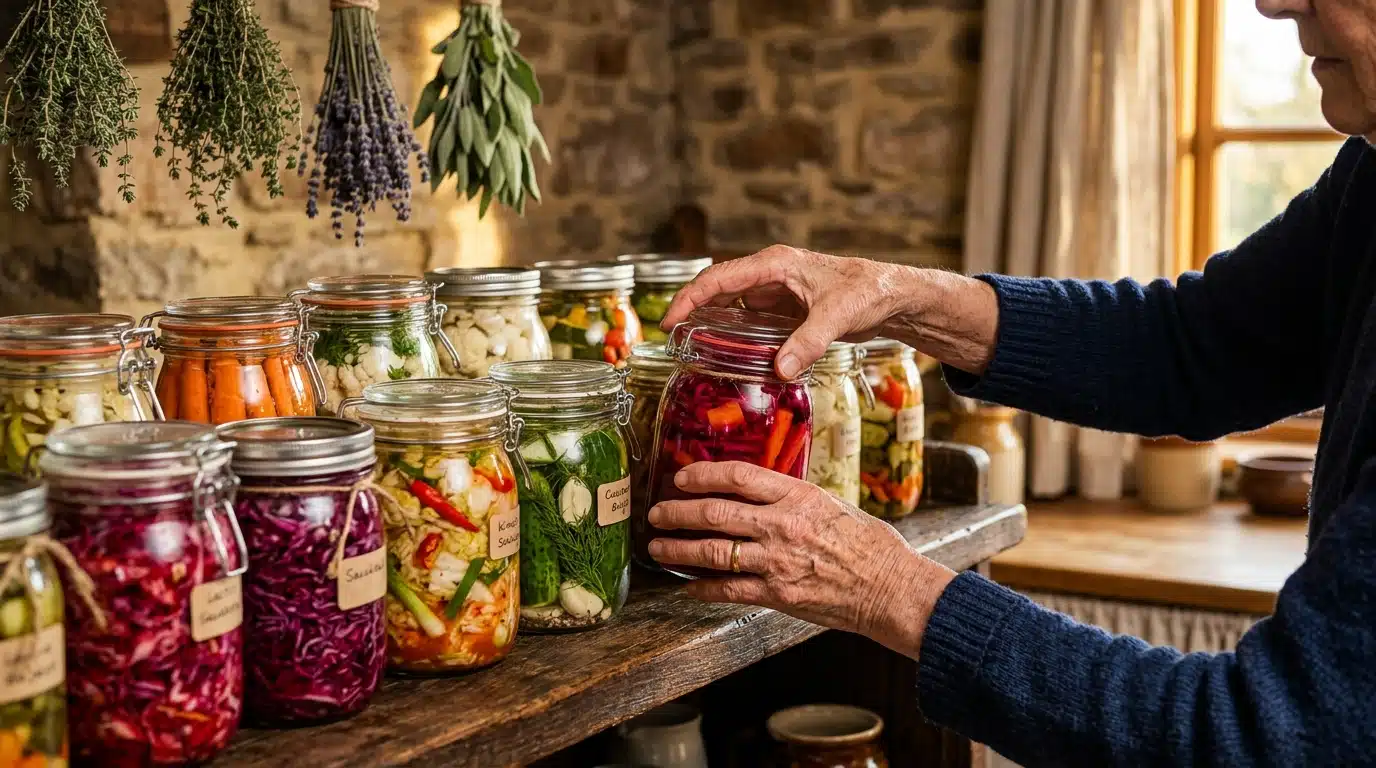 Bocaux en verre de légumes lacto-fermentés sur étagère
