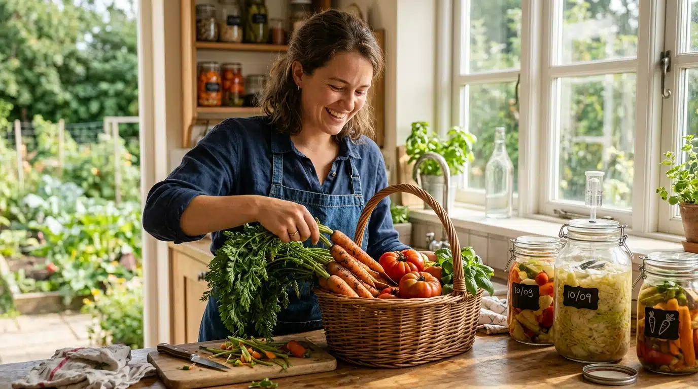 Femme préparant des légumes du potager pour bocaux