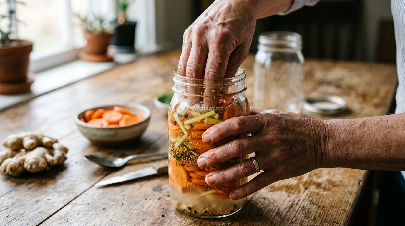 Mains remplissant un bocal de carottes et gingembre