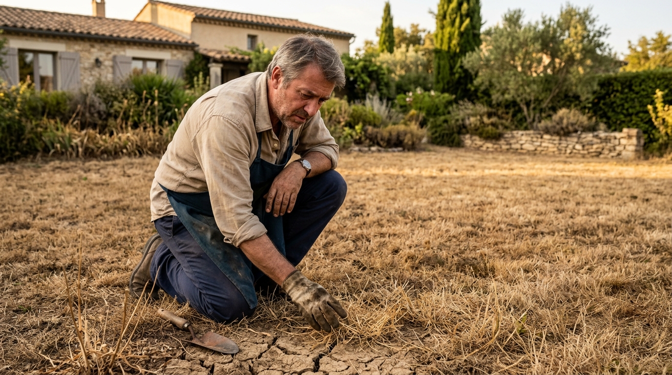 Jardinier accroupi sur une pelouse brûlée par la canicule
