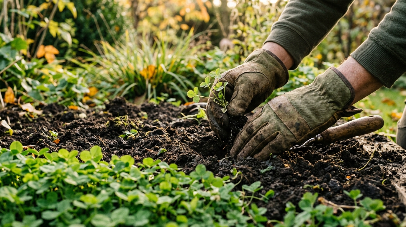 Plantation de trèfle nain en couvre-sol dans un jardin
