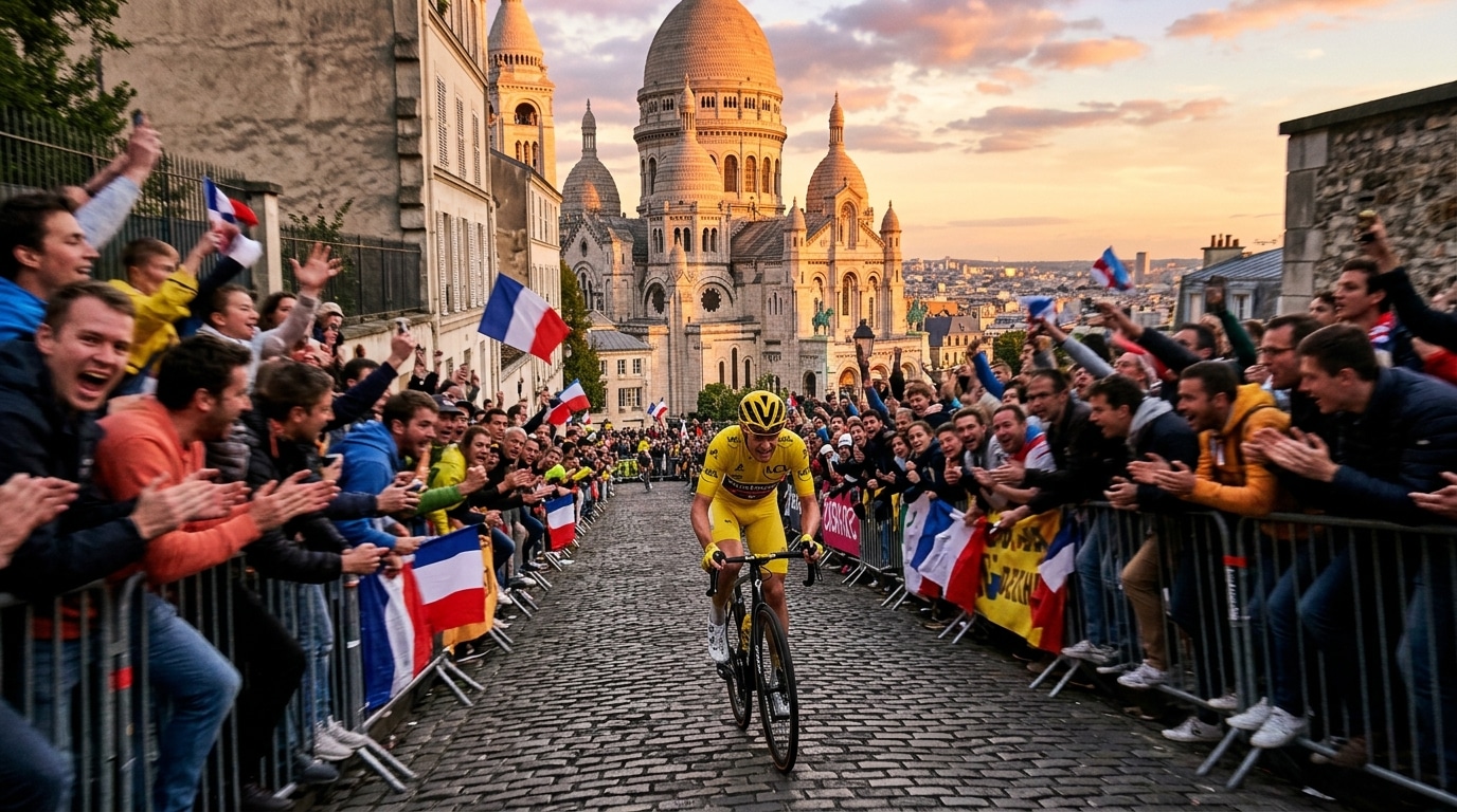 Cycliste acclamé par la foule à Montmartre lors du Tour