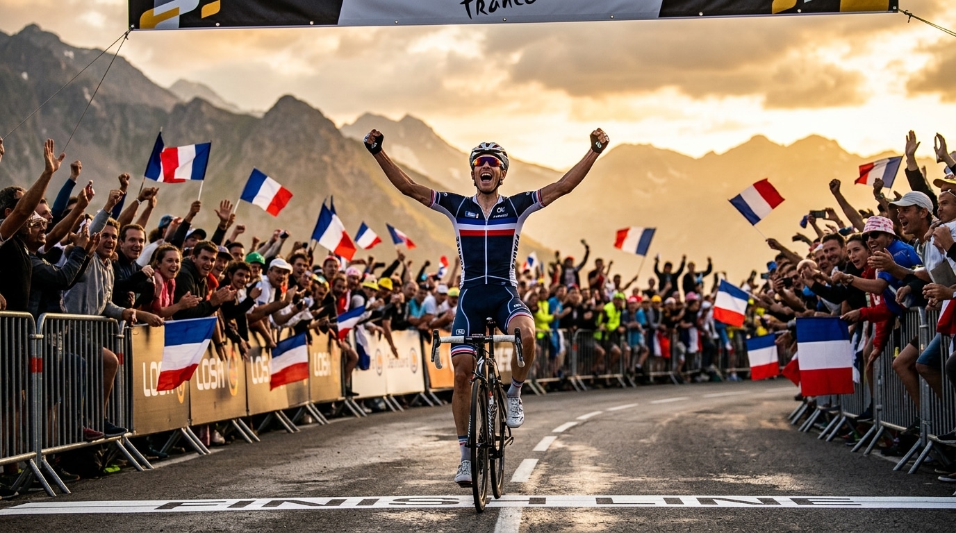 Cycliste français célébrant une victoire d'étape en montagne