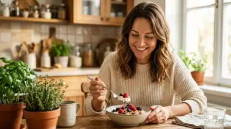 Femme mangeant du cottage cheese avec des fruits rouges