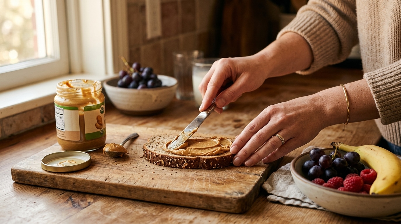 Tartine de pain complet au beurre de cacahuètes