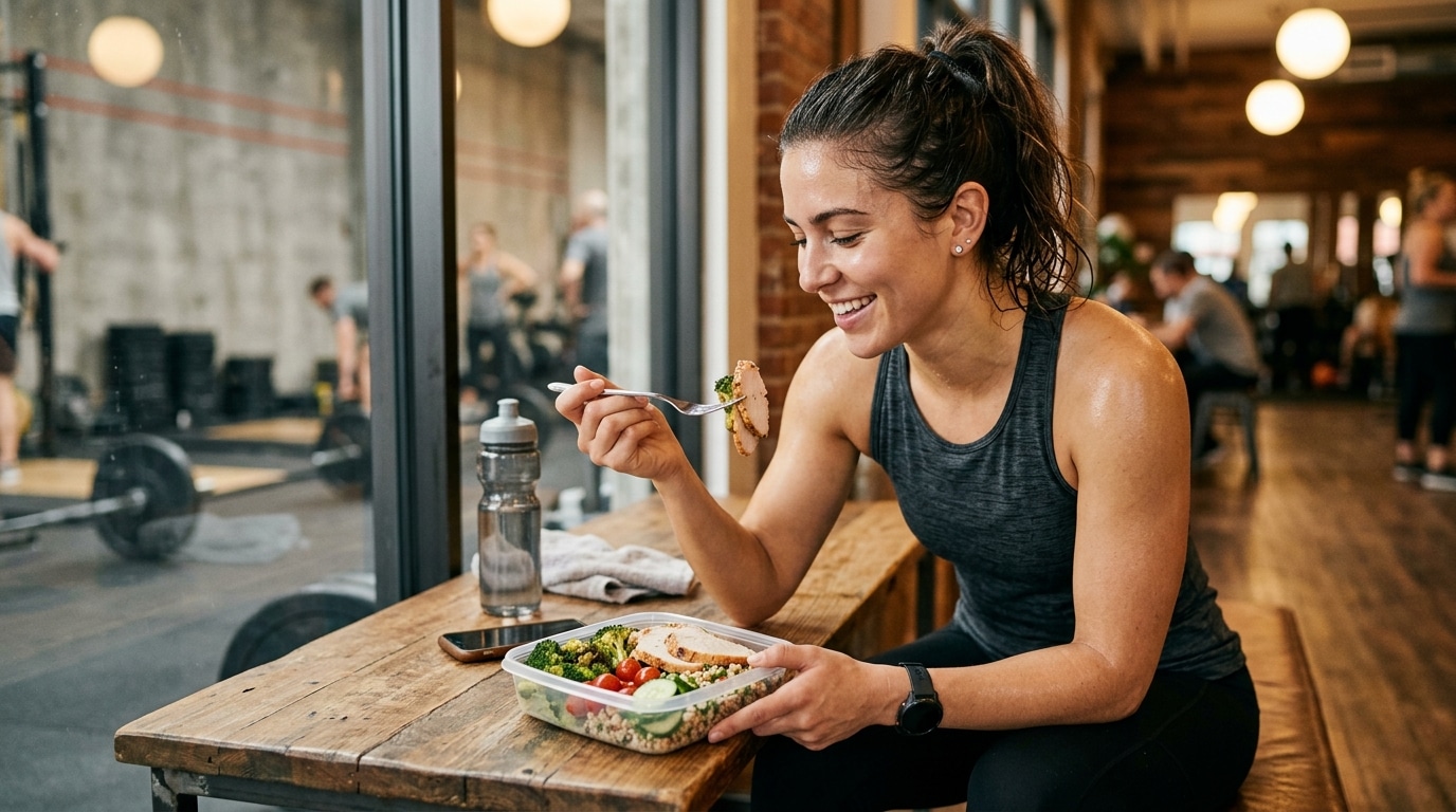 Femme sportive mangeant une collation de dinde et légumes