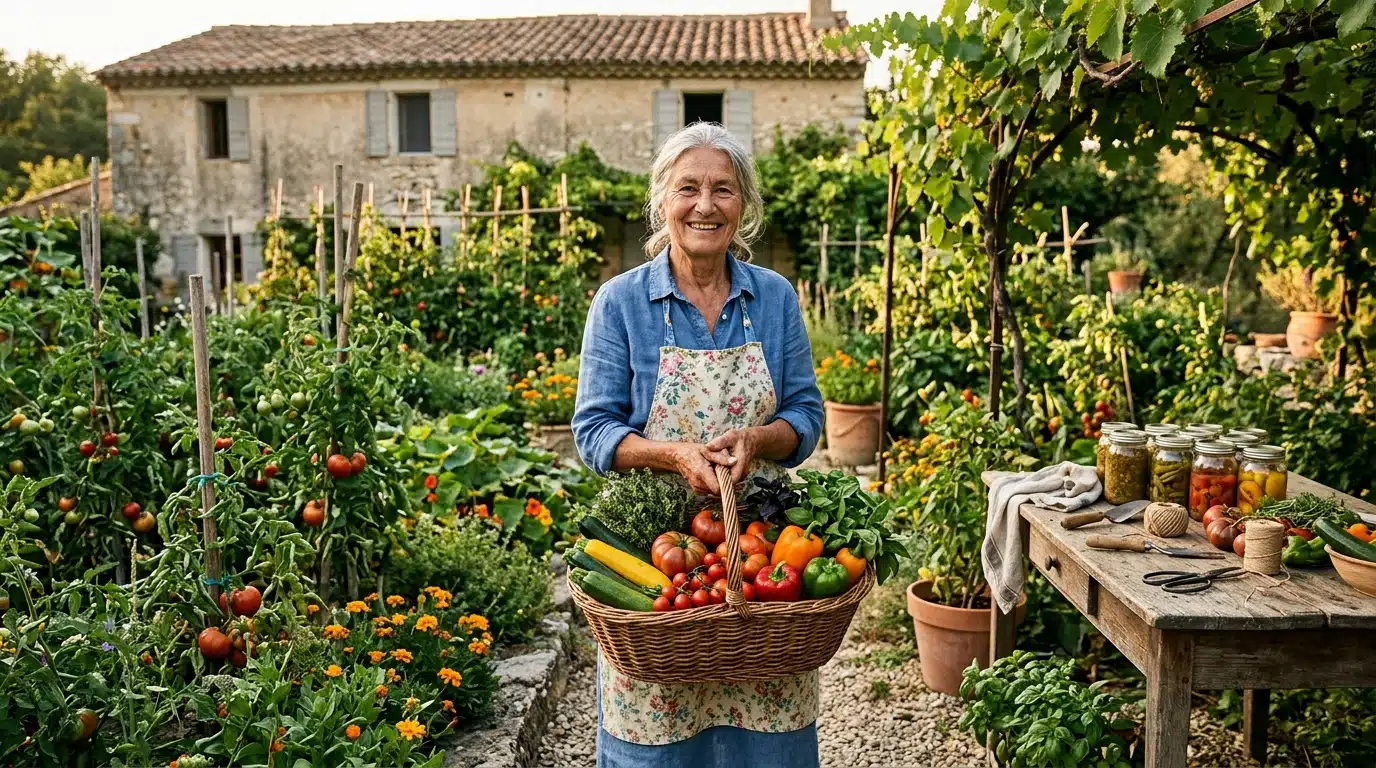 Femme âgée tenant un panier de légumes du potager