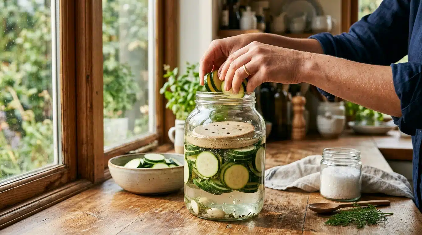 Mains plaçant des rondelles de courgettes en bocal de fermentation