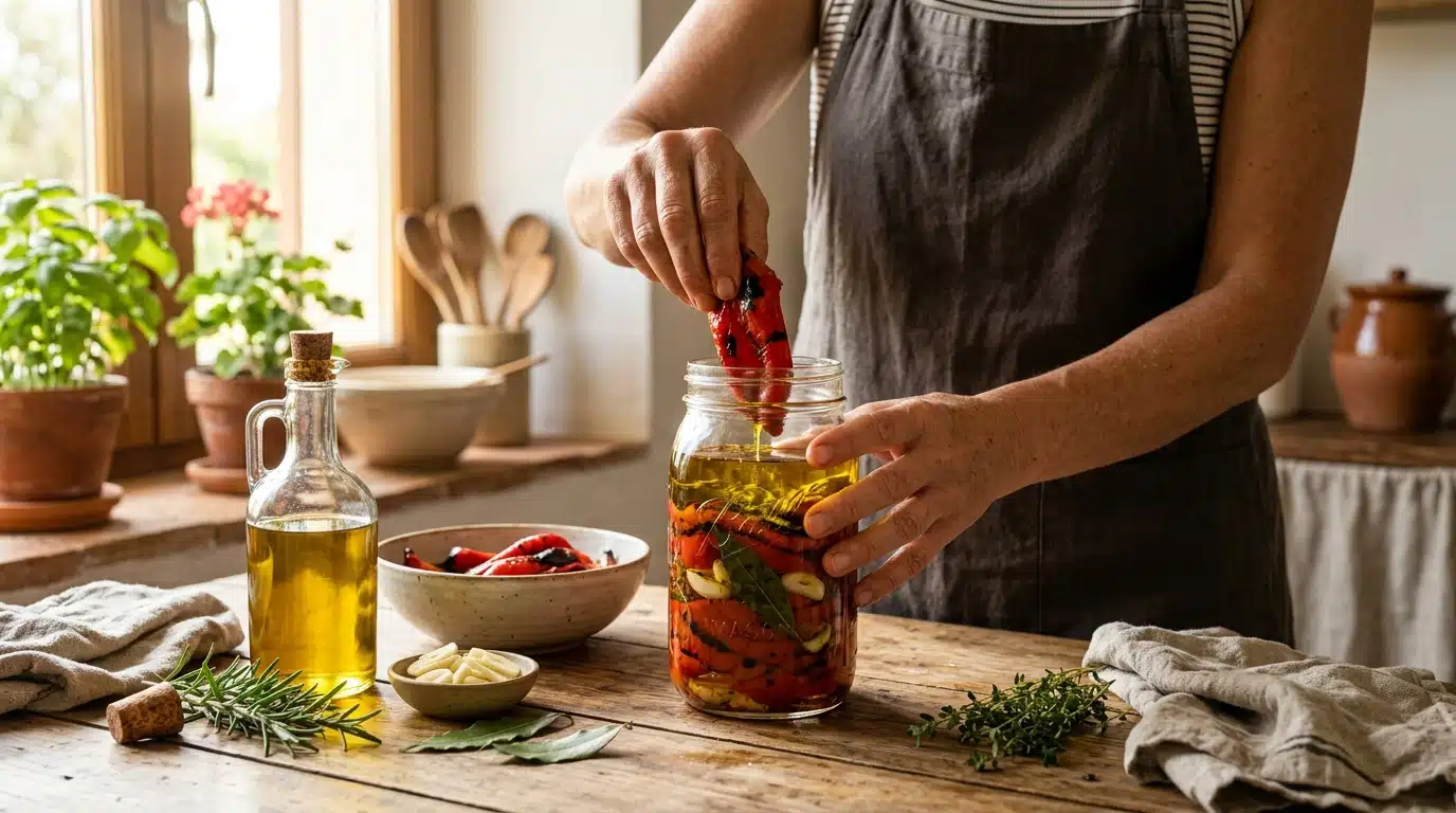 Poivrons grillés recouverts d'huile d'olive dans un bocal