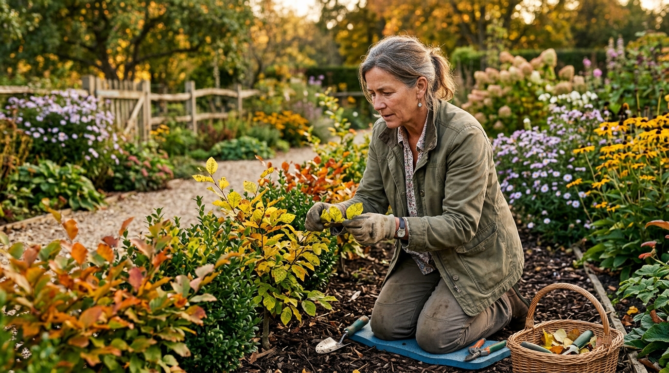 Jardinier examine une haie qui jaunit en automne