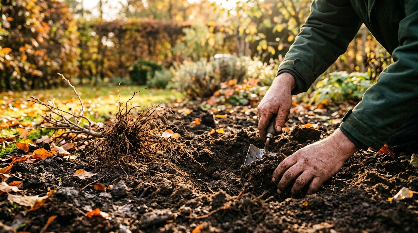 Trou de plantation large avec jeune plant de haie