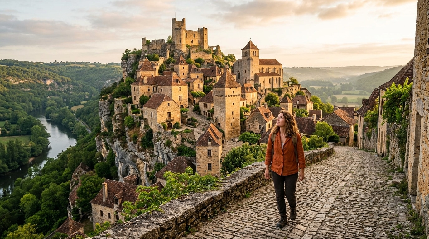 Village médiéval perché du Lot désert en été