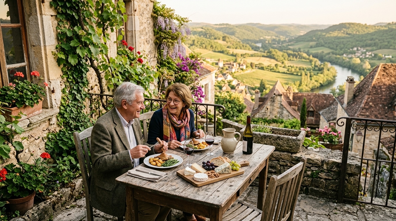 Terrasse de restaurant local dans un village du Lot