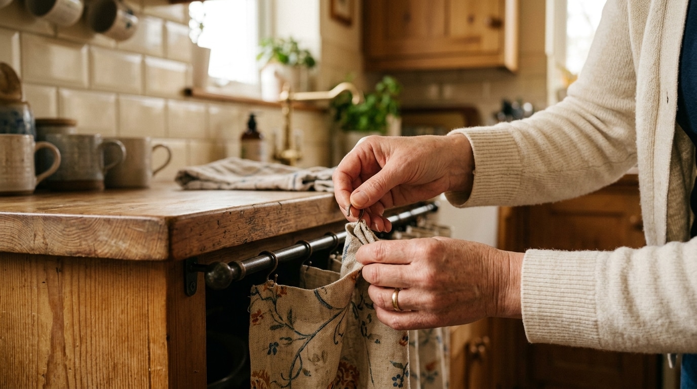Mains décrochant un rideau de cuisine d'une tringle
