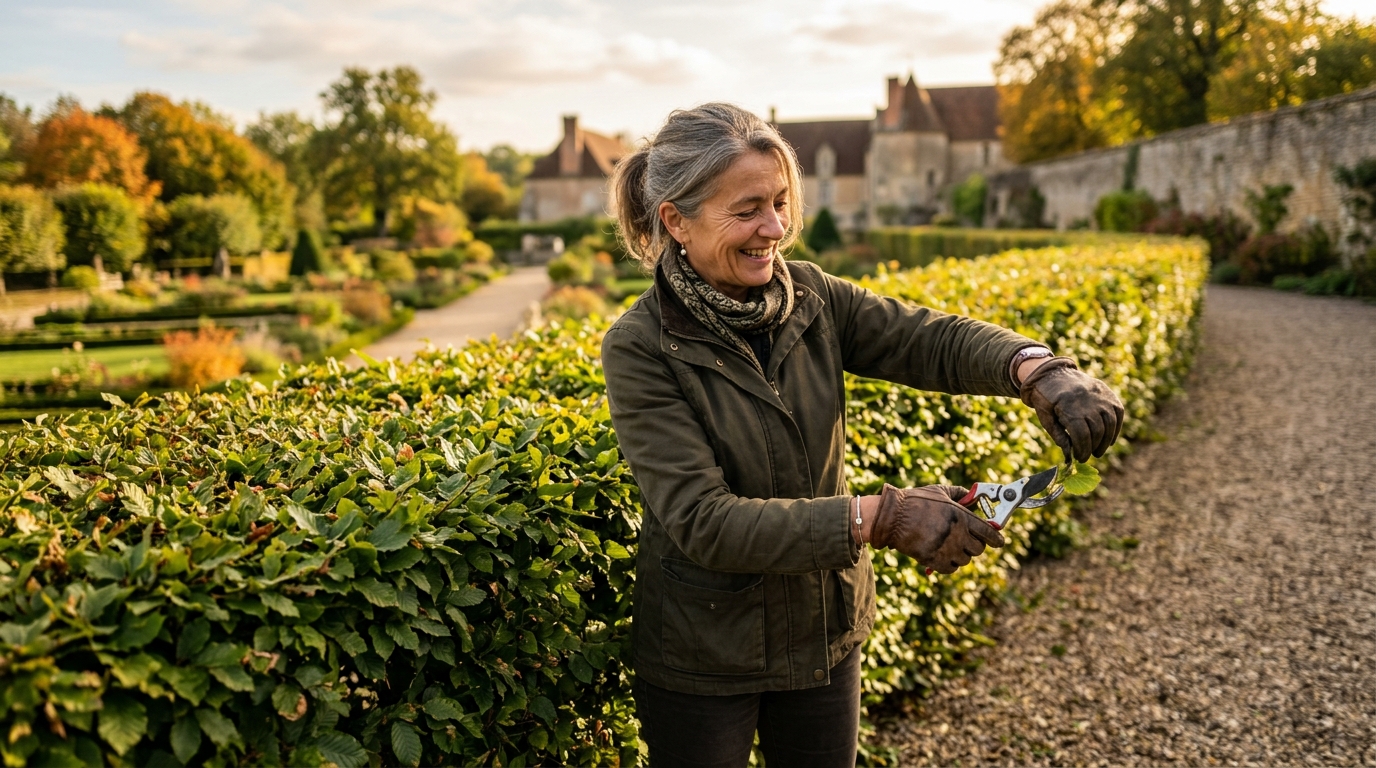 Jardinière souriante devant une haie de charme